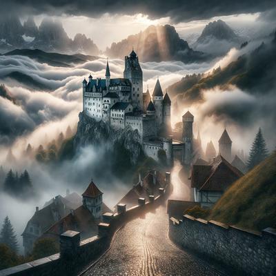 Primary subject: Medieval castle
Setting/background: Foggy mountains
Visual style: Digital art
Colors and mood: Dark, moody, and dramatic